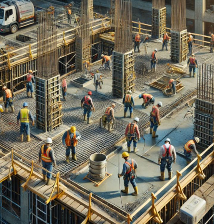 Construction workers performing RCC slab casting at a building site with steel shuttering and safety gear.
